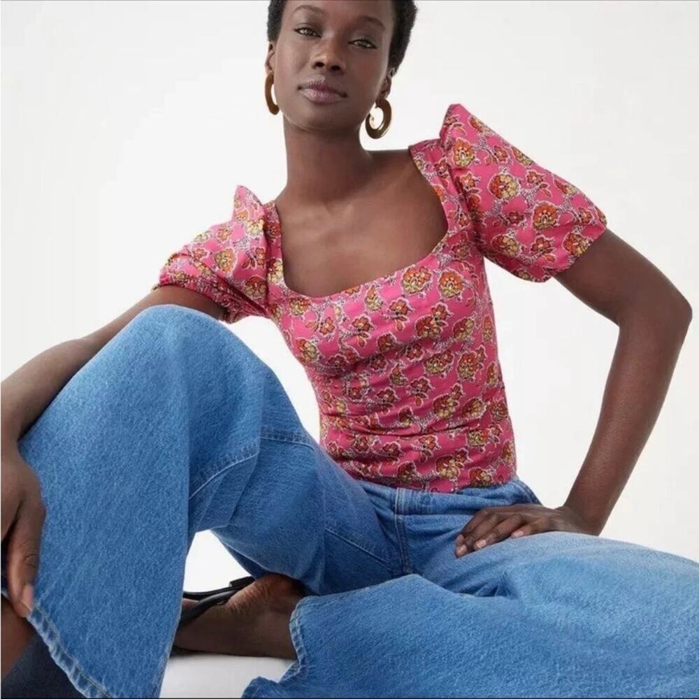 J. Crew Collection 2023 Puff Slleeve Squareneck Top In Ratti Pink Blooms Print 2